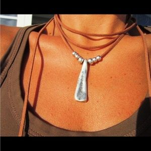 Boho silver & dark brown soft leather wrap lariat necklace